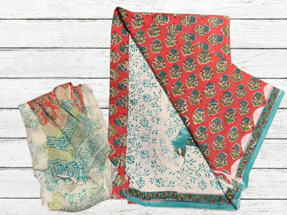 Handblock Cotton Suit pc with chiffon dupatta