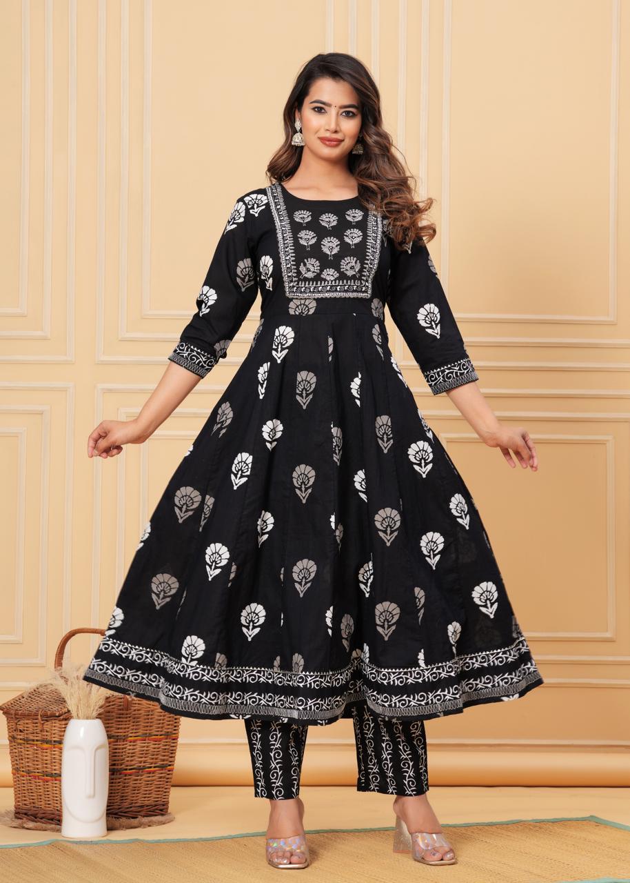 Cotton Anarkali Suit (Black)