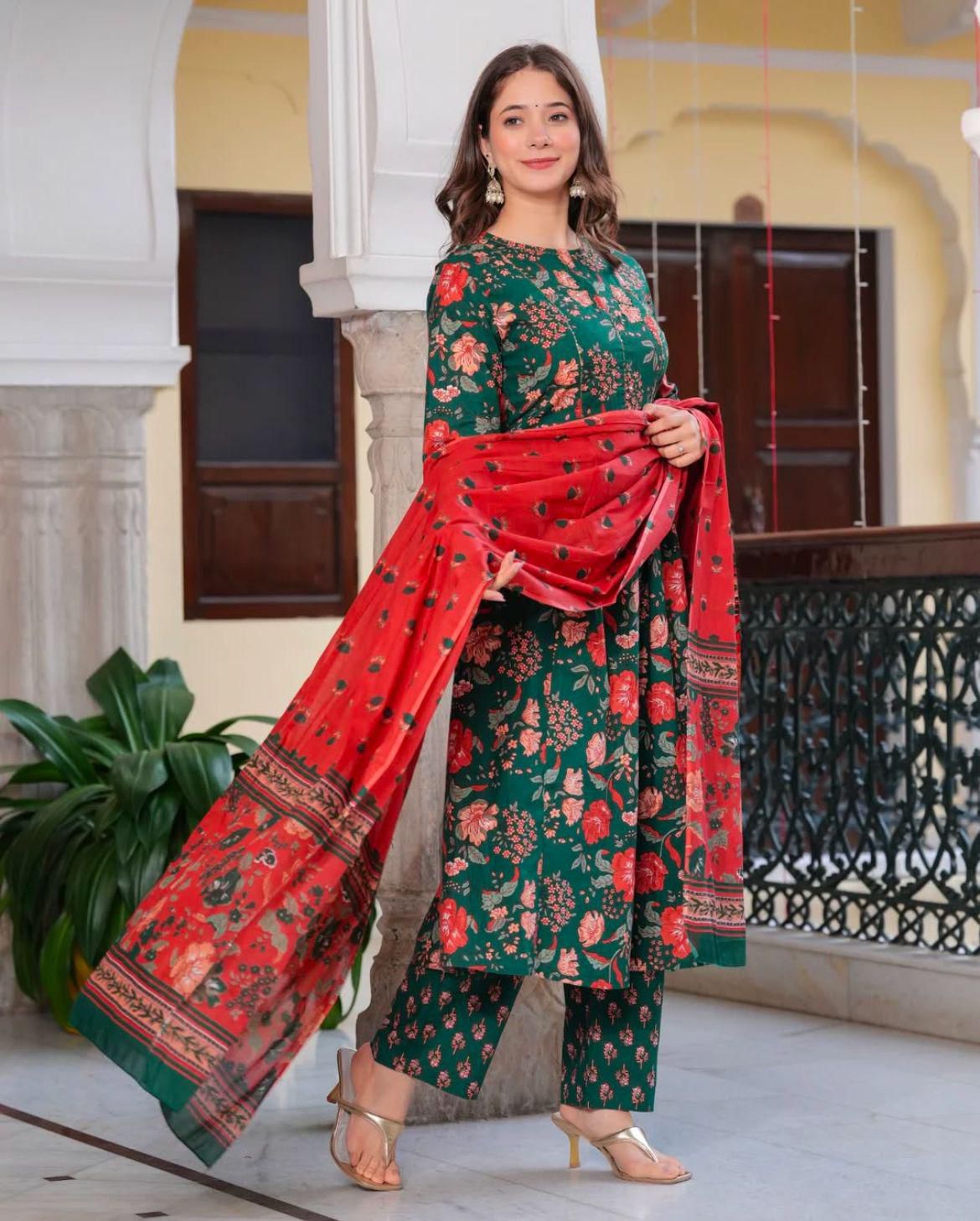 Cotton A line Frock Suit (Green)