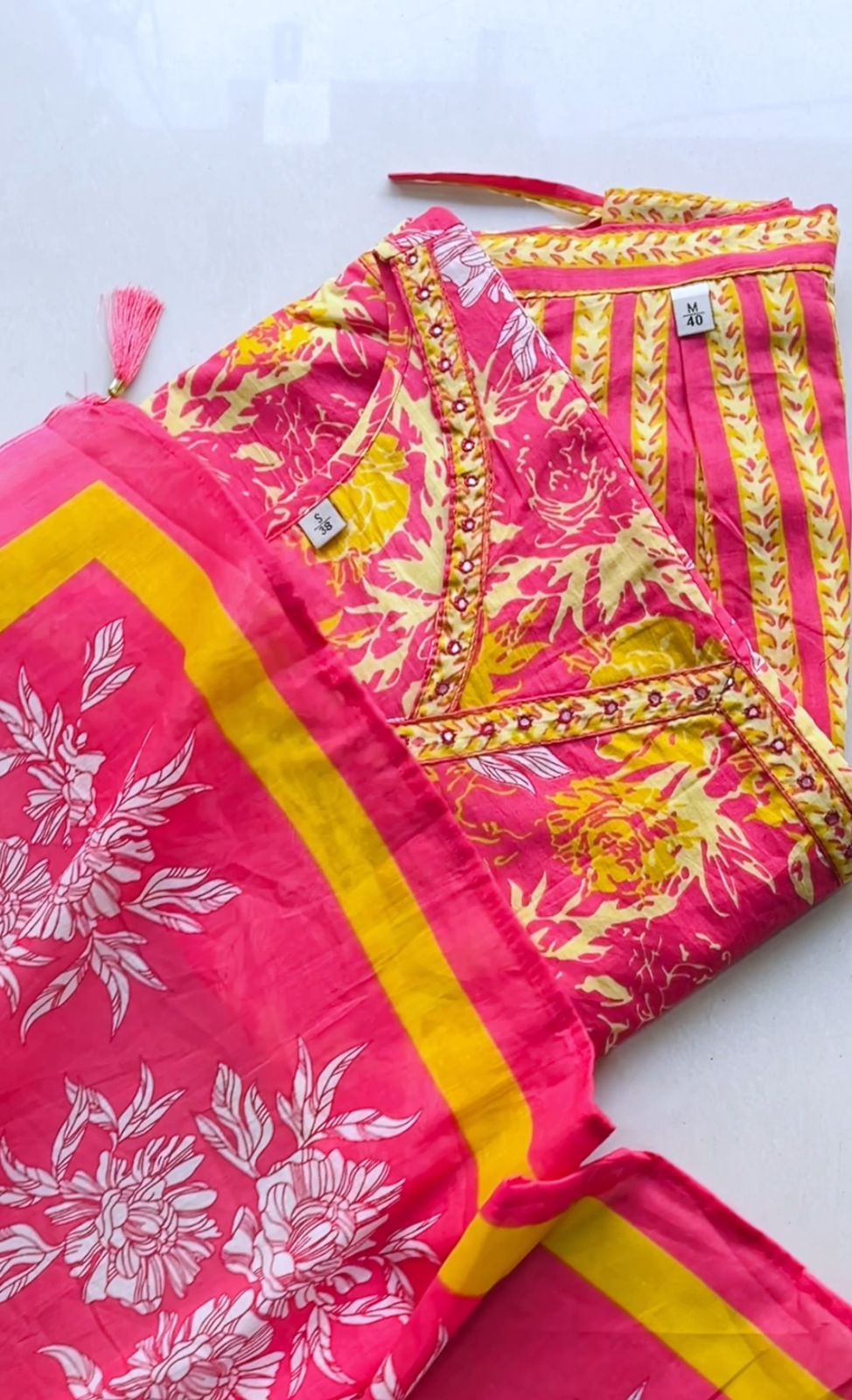 Cotton Kurta Pant with Dupatta (yellow- pink)