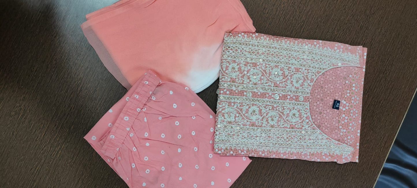 Cotton Printed Embroidered Straight Kurta Set (Peach)