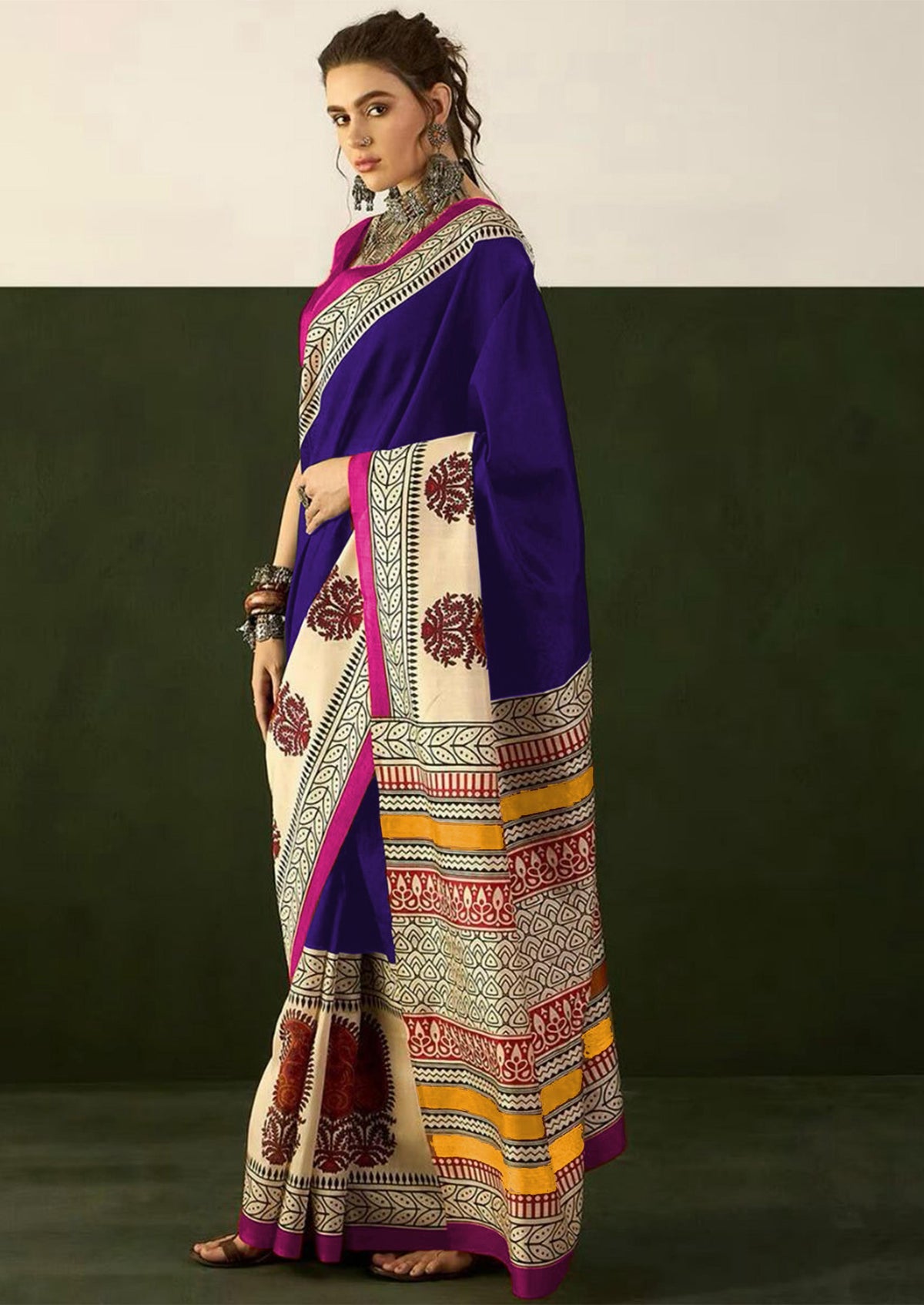 Ajrakh Block Print Mulmul Cotton Saree