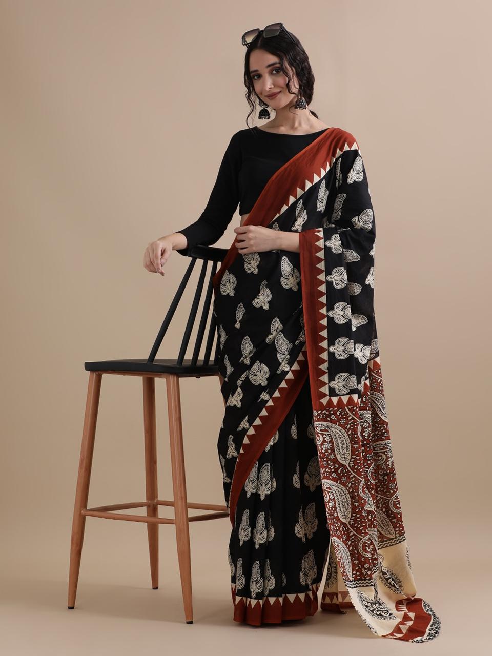 Bagru Block Print Malmal Cotton Saree