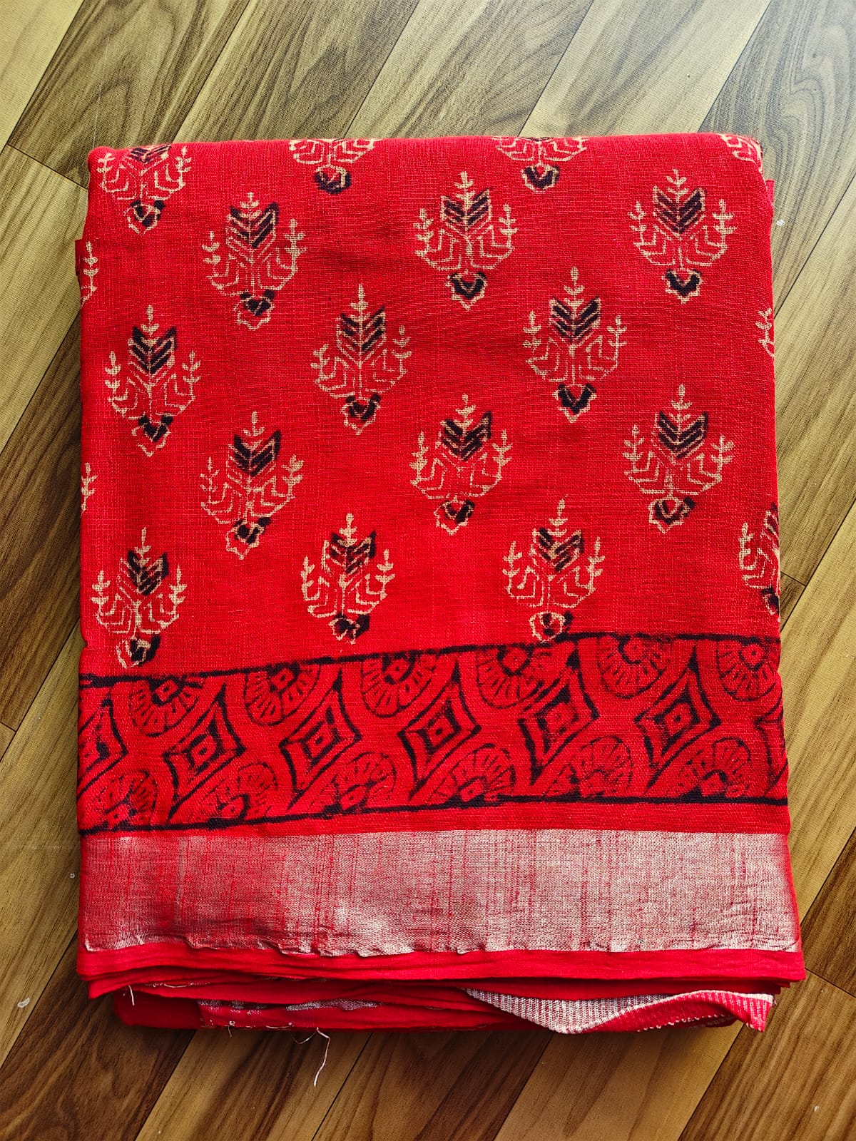 Hand block printed linen saree with Natural Dyes