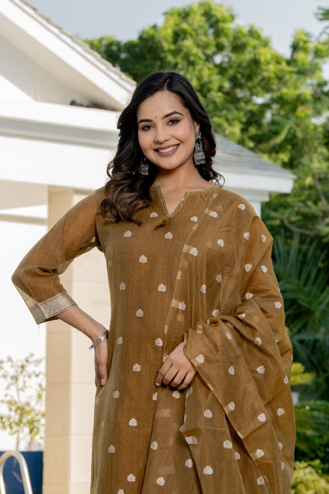 Jamdani cotton Dupatta Set (Brown)