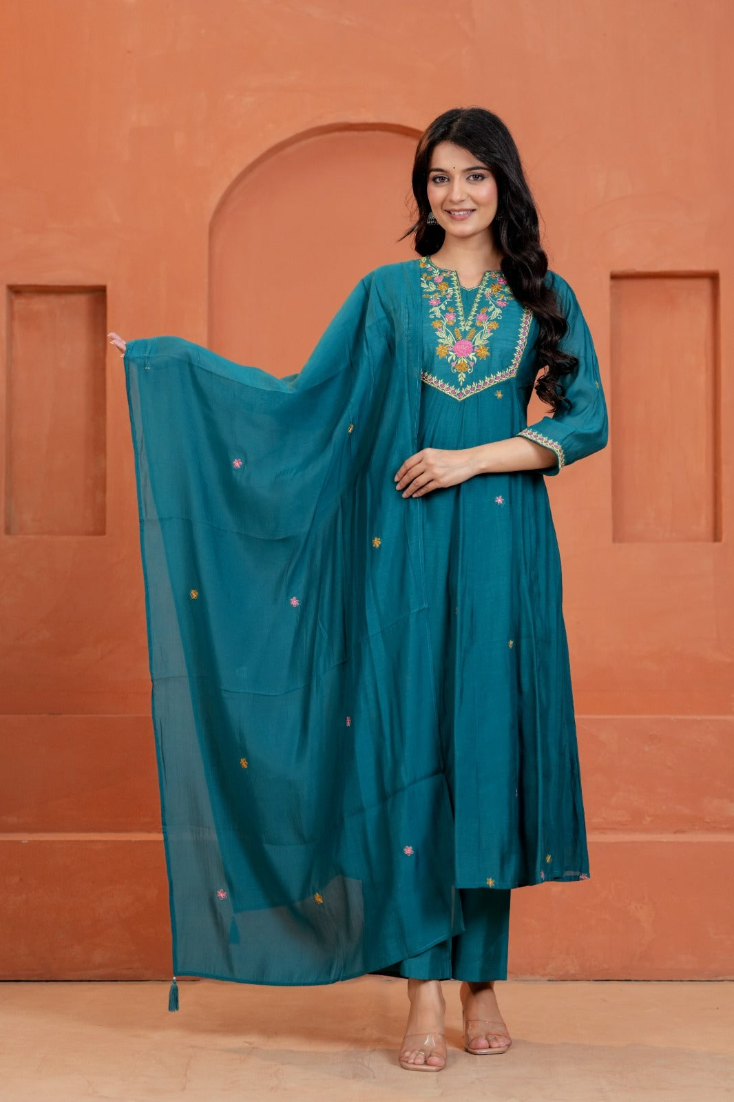 Mal Chanderi Dupatta Set (Teal colour)