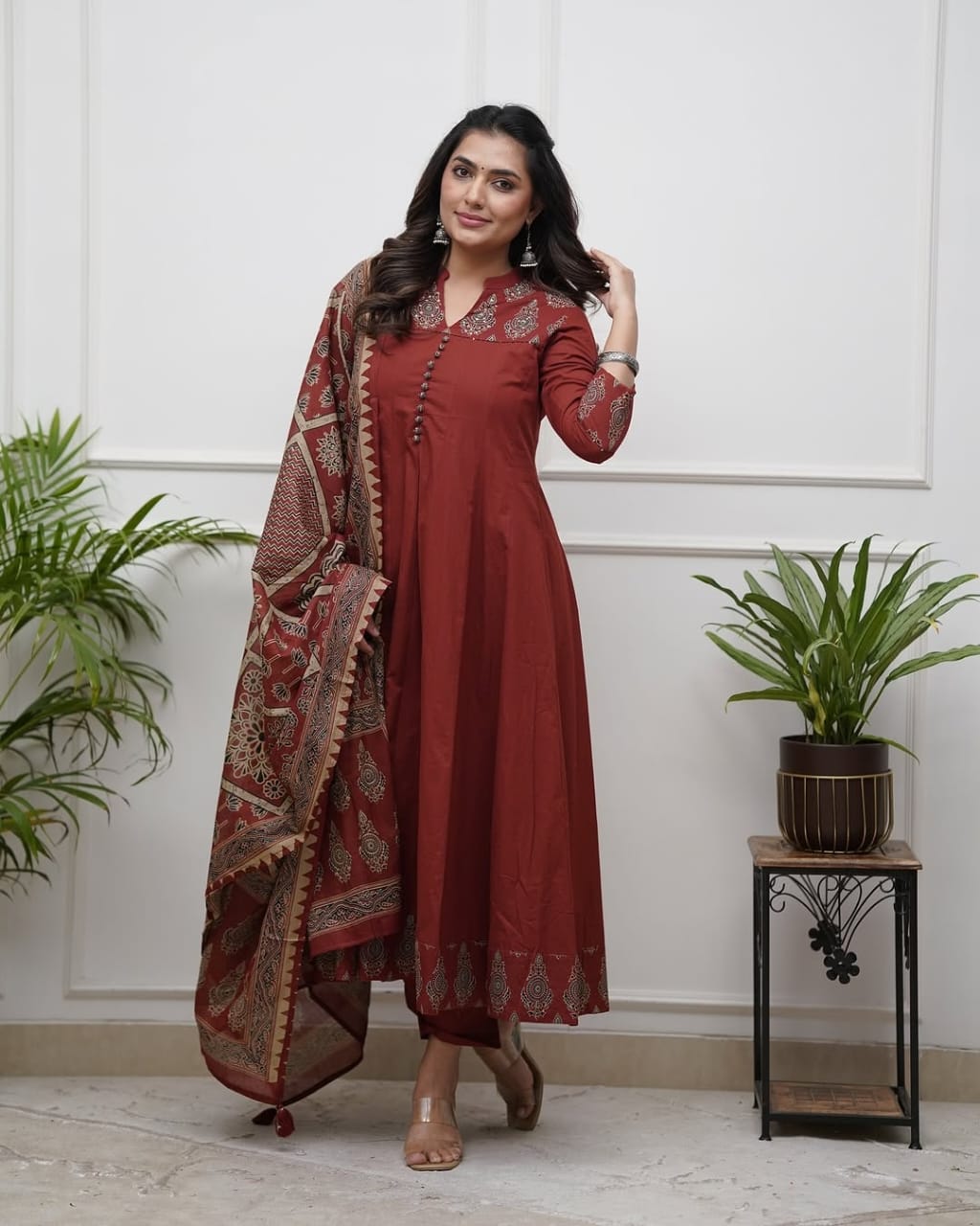 Fine Cotton Embroidery Work Kurti Set (Brown)