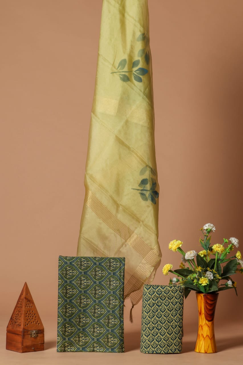 Cotton Block Printed Suit Pc with Organza Dupatta