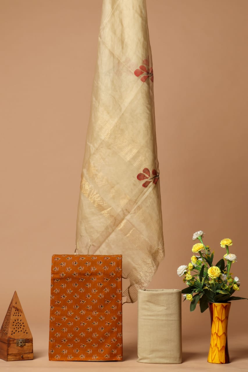 Cotton Block Printed Suit Pc with Organza Dupatta