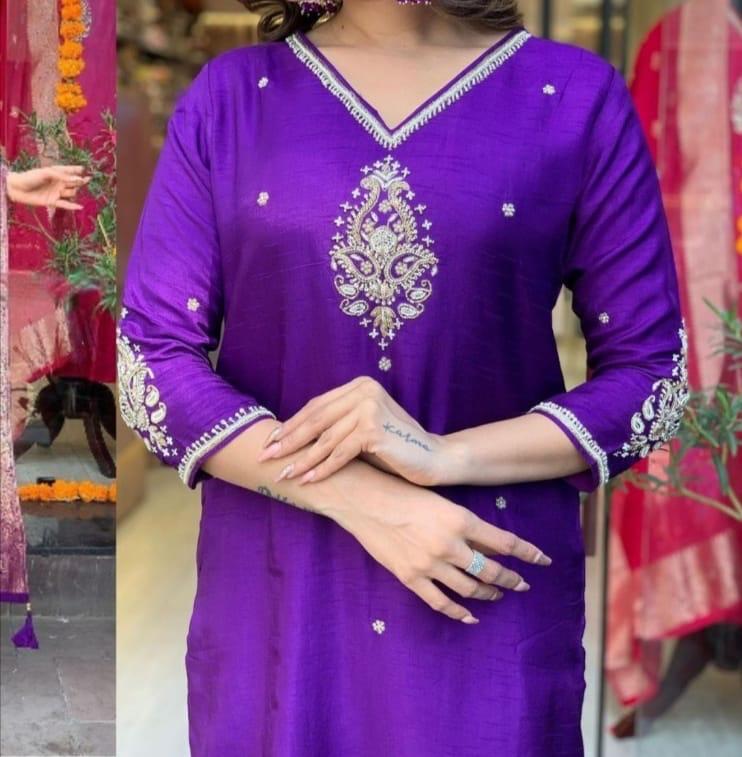 Russian Silk Embroidered Kurta Set with Banarasi Dupatta