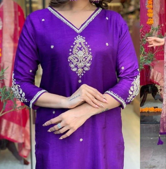 Russian Silk Embroidered Kurta Set with Banarasi Dupatta