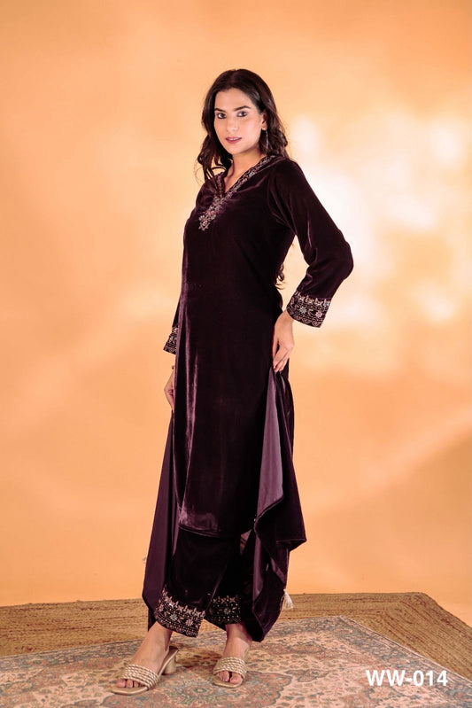 Velvet V neck Dupatta Set (Wine)