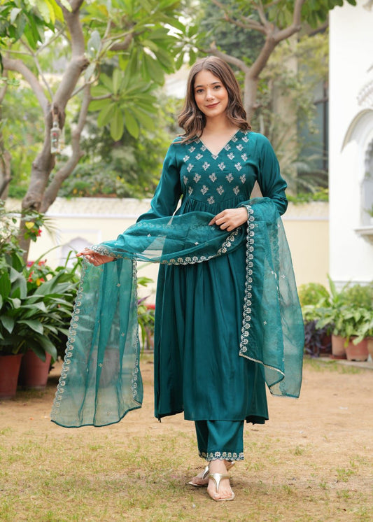 Dola Silk Designer Dupatta Set (Teal Blue)