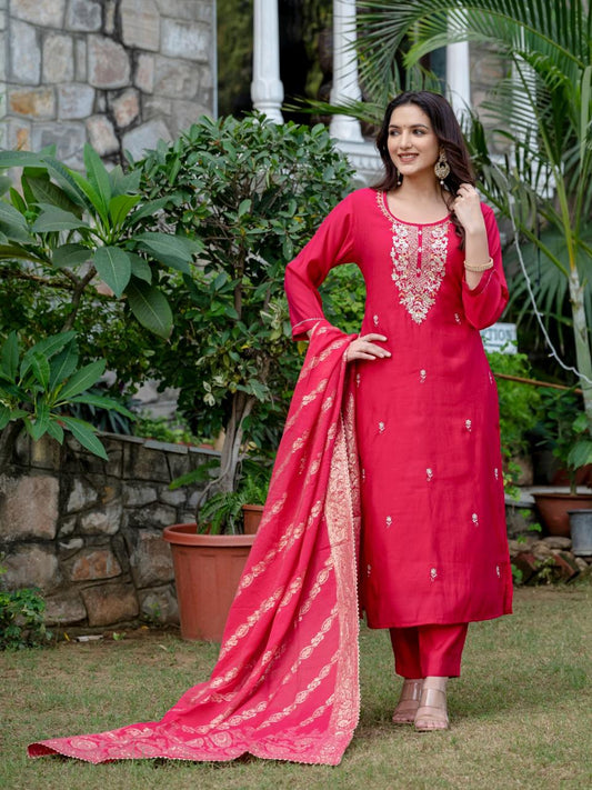 Roman Silk Embroidered Kurta Set (Magenta)