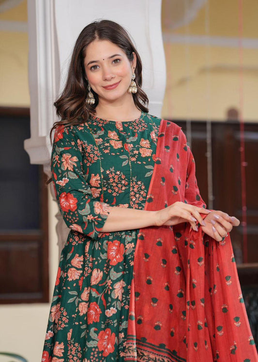 Cotton A line Frock Suit (Green)