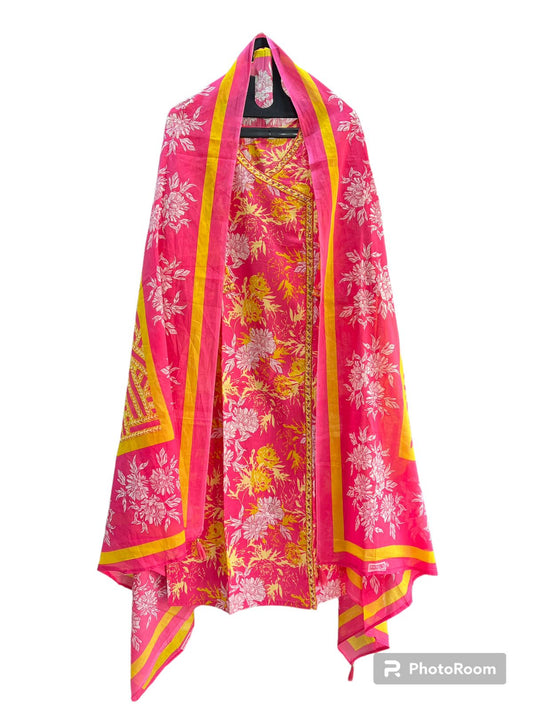 Cotton Kurta Pant with Dupatta (yellow- pink)