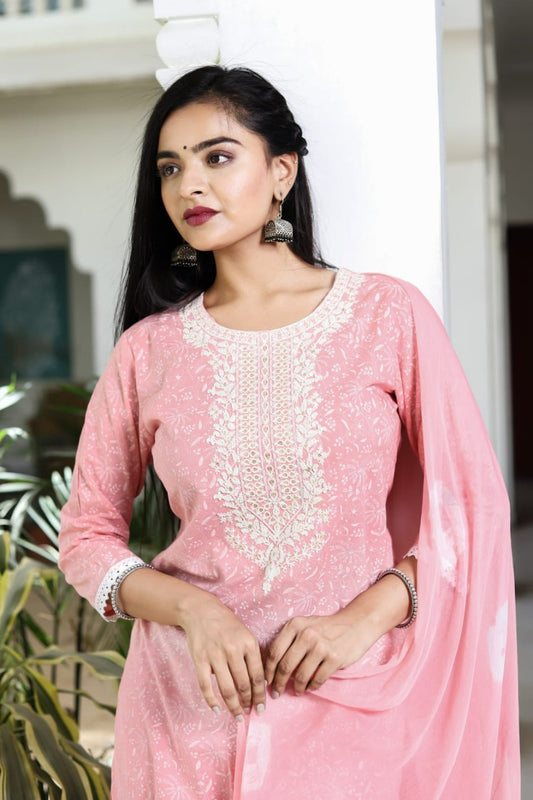 Cotton Printed Embroidered Straight Kurta Set (Peach)