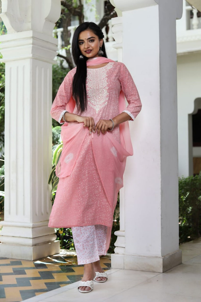 Cotton Printed Embroidered Straight Kurta Set (Peach)