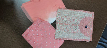 Cotton Printed Embroidered Straight Kurta Set (Peach)