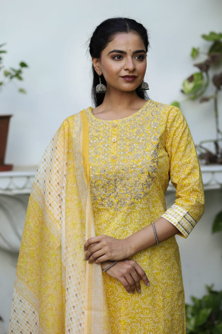 Cotton Printed Embroidered Straight Kurta Set (Yellow)
