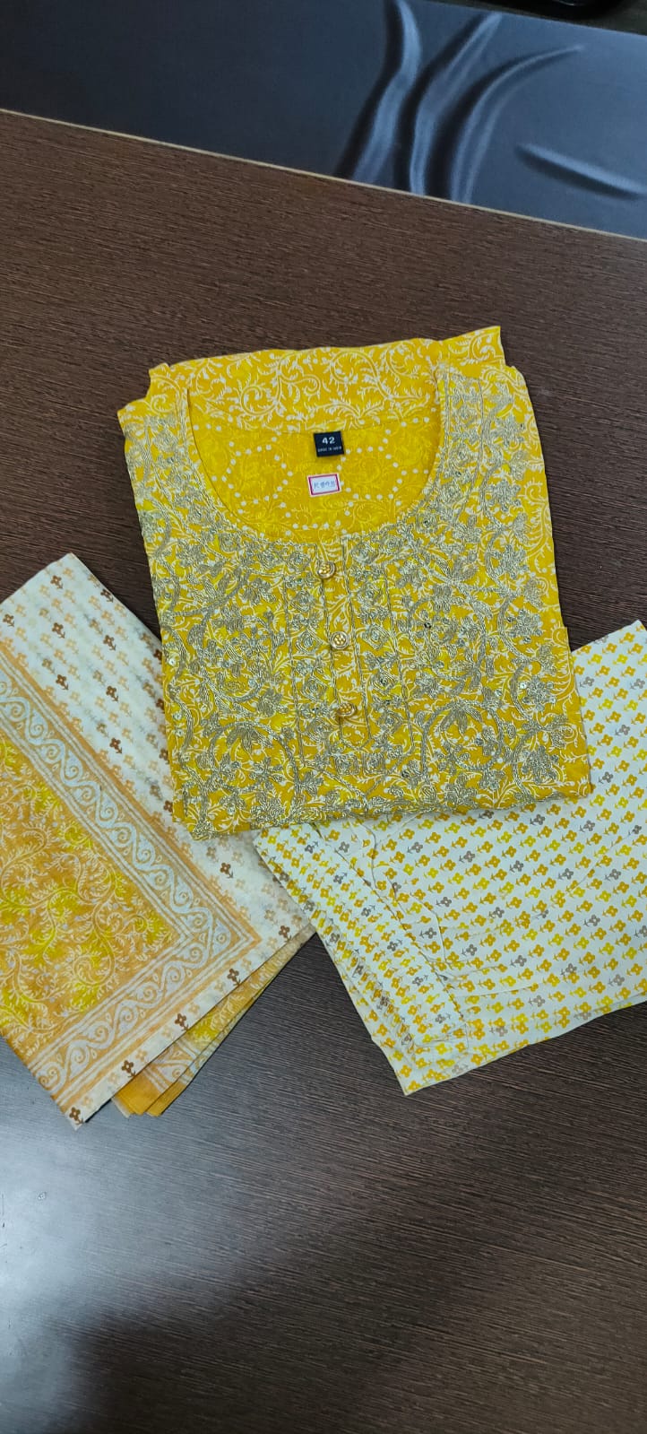 Cotton Printed Embroidered Straight Kurta Set (Yellow)