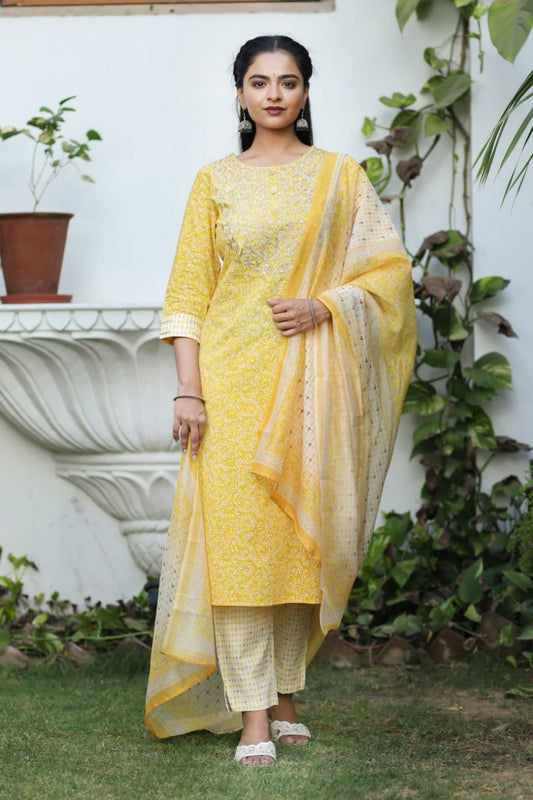 Cotton Printed Embroidered Straight Kurta Set (Yellow)