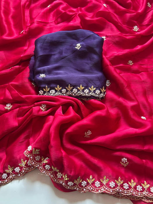 Crushed Chiffon Embroidered Saree