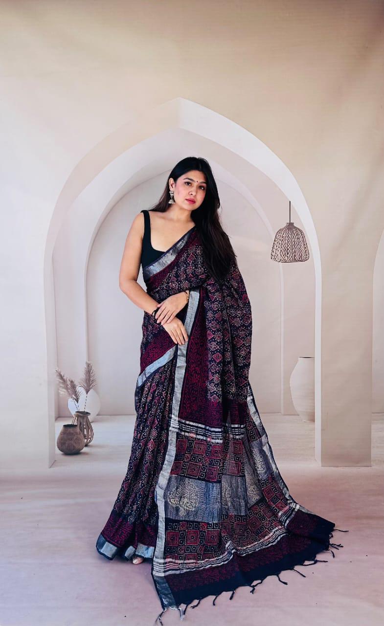 Hand block printed linen saree with Natural Dyes