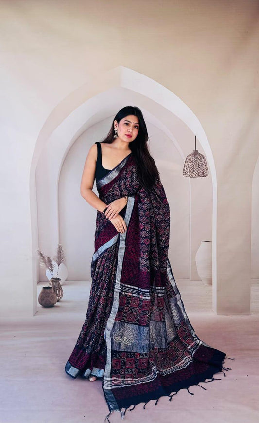 Hand block printed linen saree with Natural Dyes