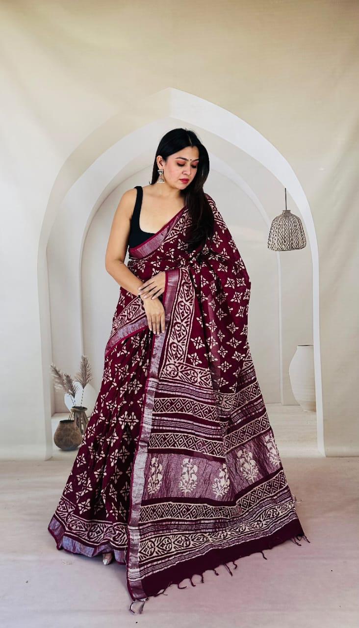 Hand block printed linen saree with Natural Dyes