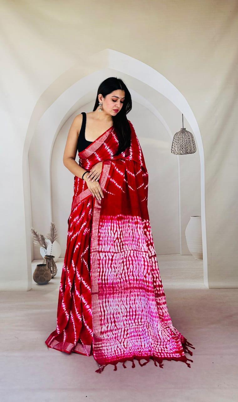Hand block printed linen saree with Natural Dyes