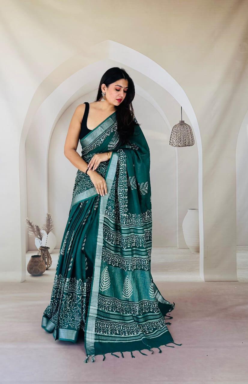 Hand block printed linen saree with Natural Dyes