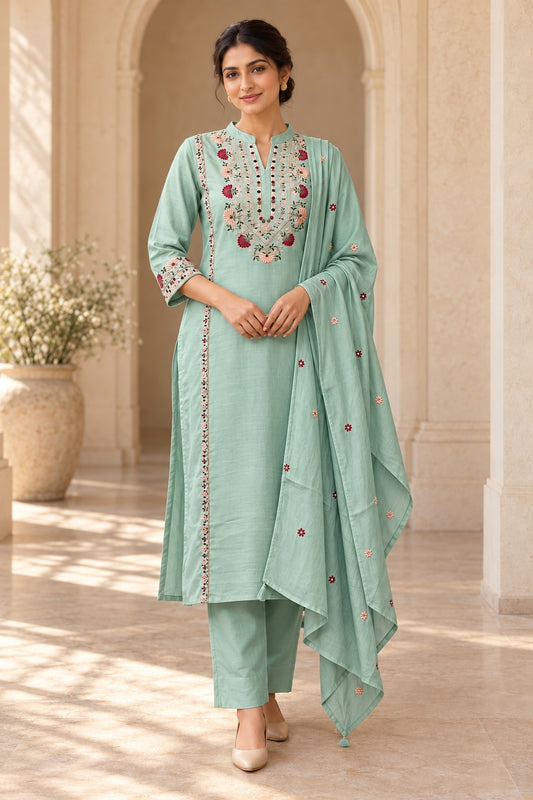 Mal Chanderi Dupatta Set (Aqua Green colour)