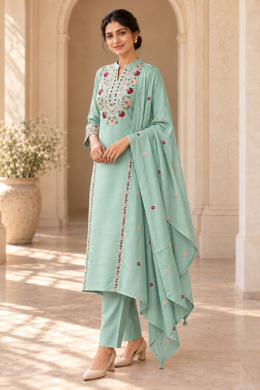 Mal Chanderi Dupatta Set (Aqua Green colour)