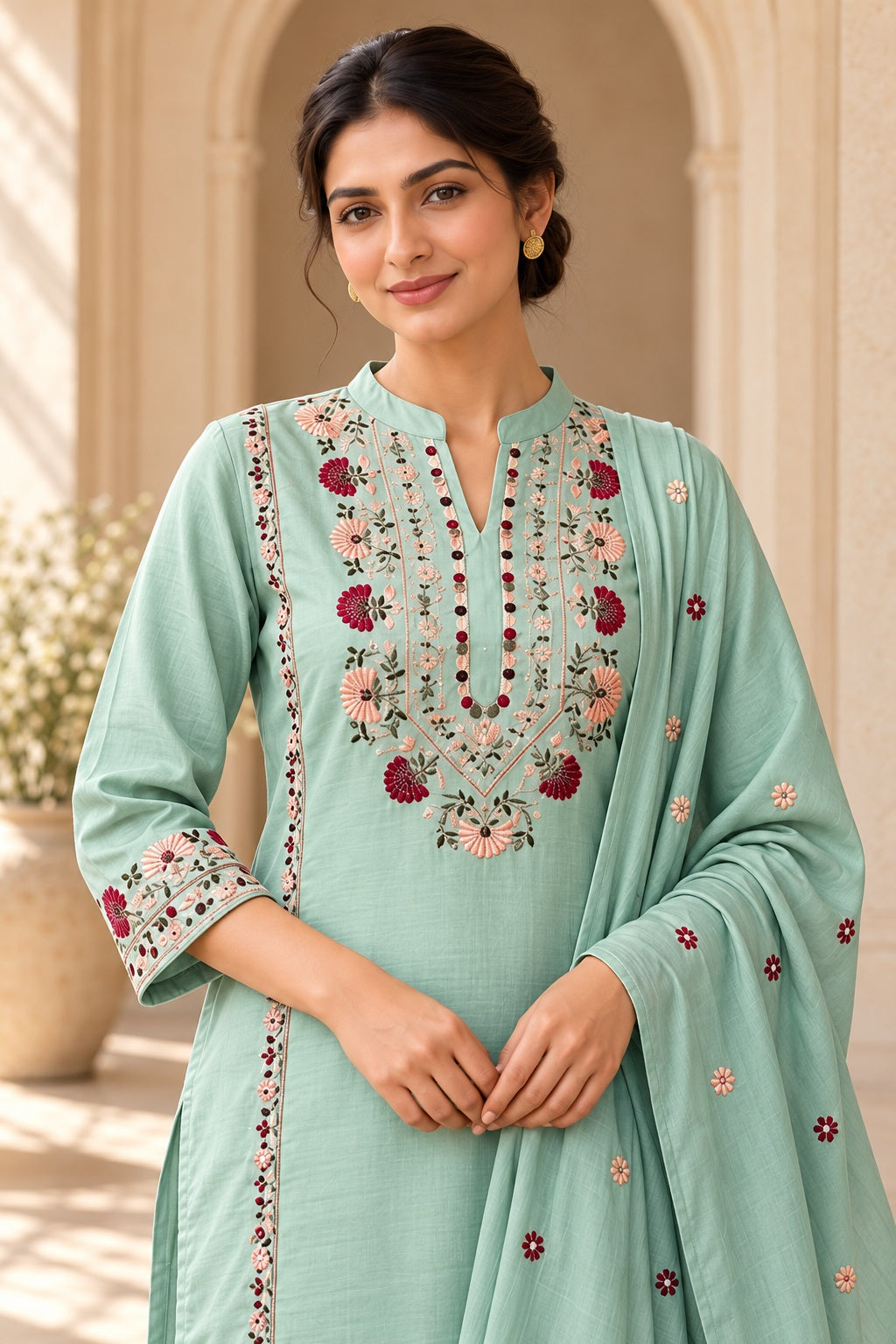 Mal Chanderi Dupatta Set (Aqua Green colour)