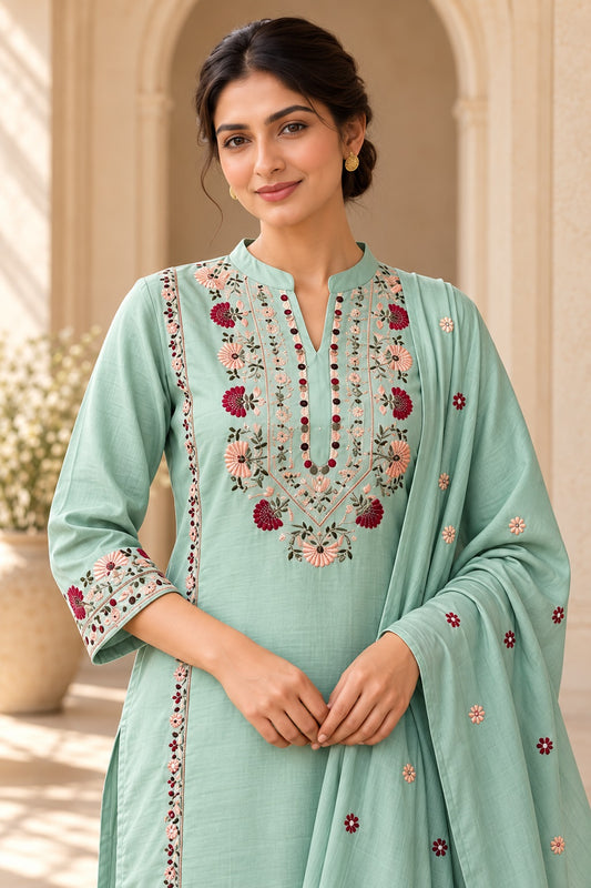 Mal Chanderi Dupatta Set (Aqua Green colour)