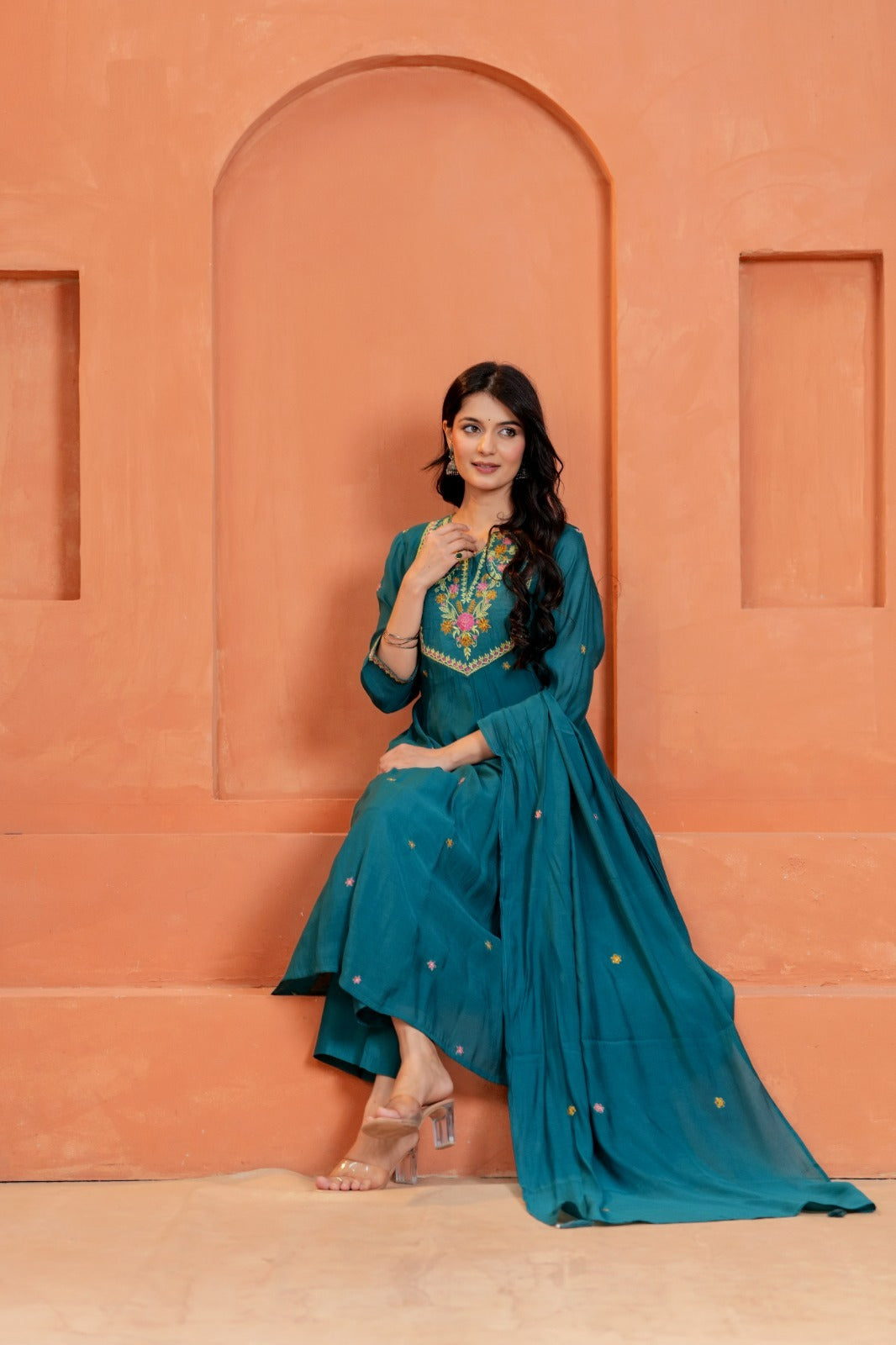 Mal Chanderi Dupatta Set (Teal colour)