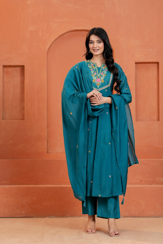 Mal Chanderi Dupatta Set (Teal colour)