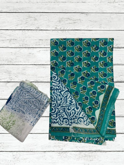 Handblock Cotton Suit pc with chiffon dupatta