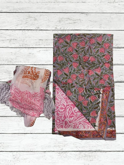 Handblock Cotton Suit pc with chiffon dupatta