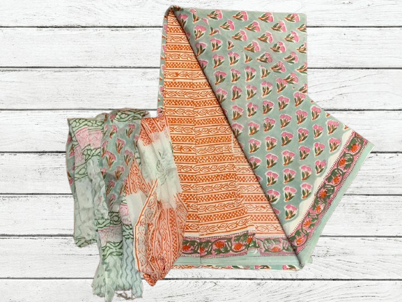 Handblock Cotton Suit pc with chiffon dupatta