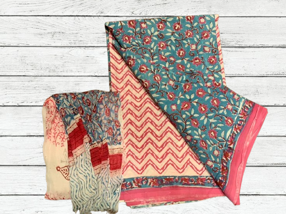 Handblock Cotton Suit pc with chiffon dupatta