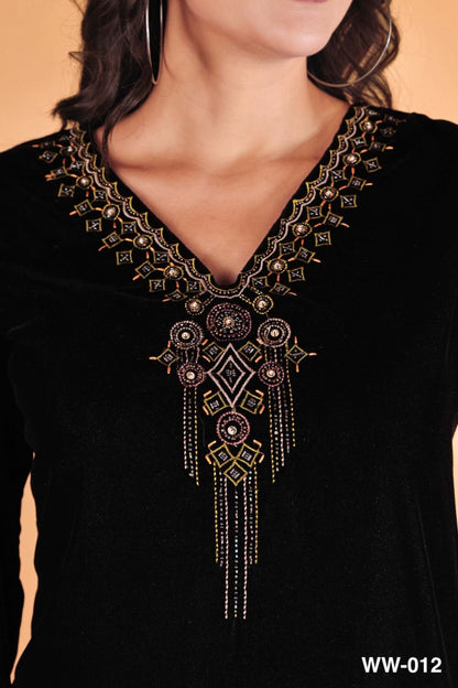 Velvet V neck Dupatta Set (Black)