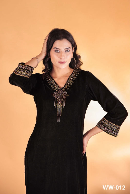 Velvet V neck Dupatta Set (Black)