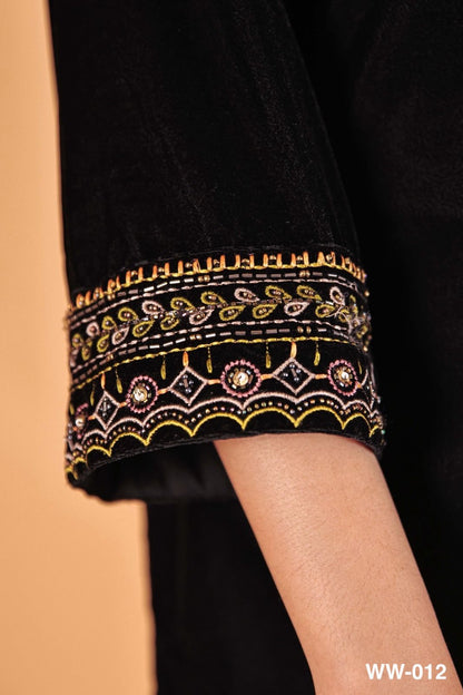 Velvet V neck Dupatta Set (Black)